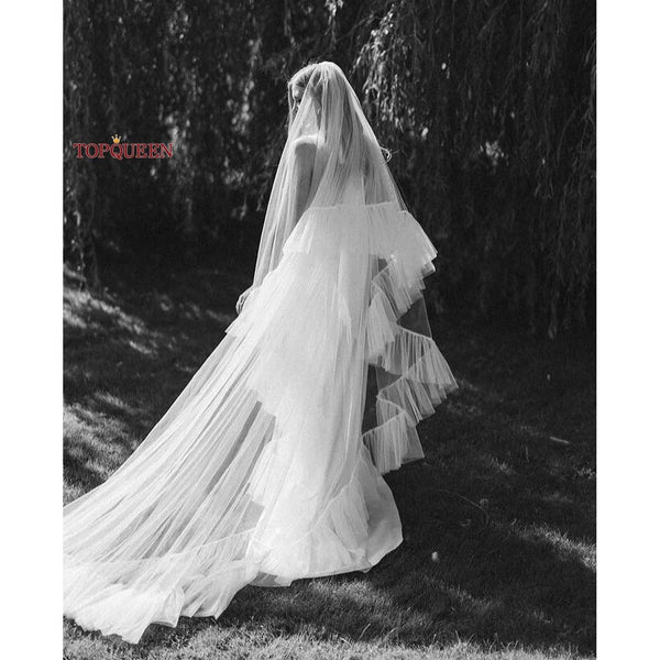 Romantic Ruffles Wedding Veil With Face Cover 2 Layers Cathedral Length - Frimunt Clothing Co.