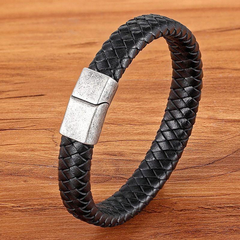 Stainless Steel Charm Magnetic Black Men Bracelet Leather Genuine Braided Punk Rock Bangles Jewelry Accessories - Frimunt Clothing Co.
