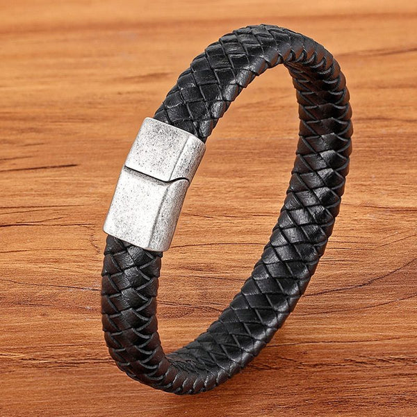 Stainless Steel Charm Magnetic Black Men Bracelet Leather Genuine Braided Punk Rock Bangles Jewelry Accessories