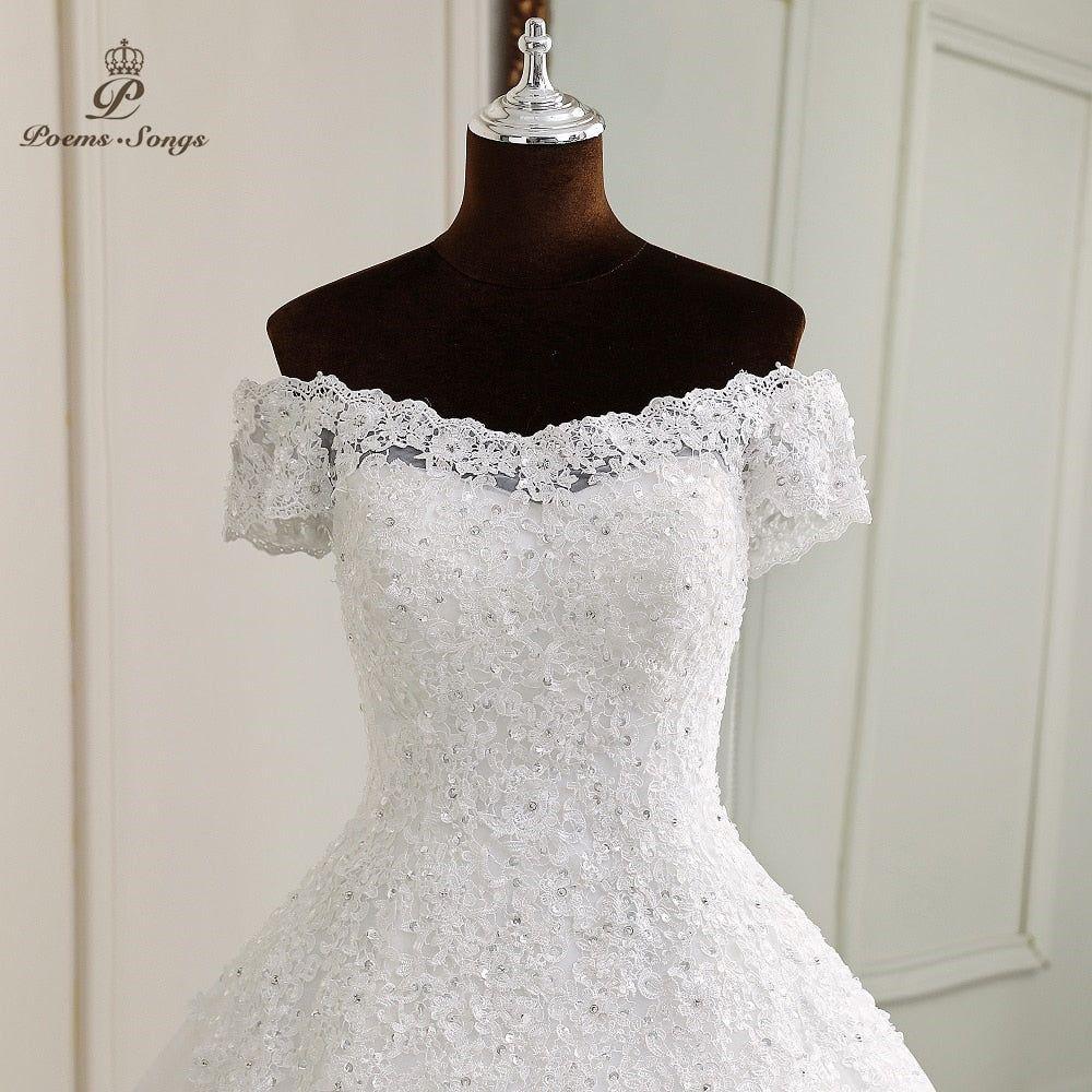 Marie Anne Simple Elegance Wedding Gown Lace Appliques Boat Neck Short Sleeve - Frimunt Clothing Co.