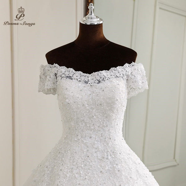 Marie Anne Simple Elegance Wedding Gown Lace Appliques Boat Neck Short Sleeve