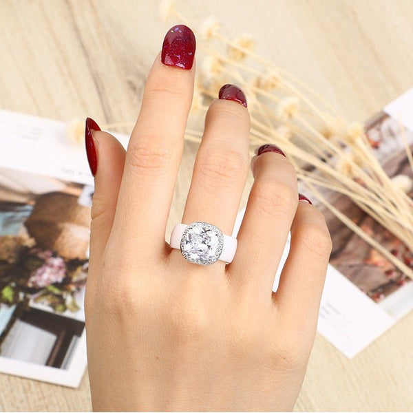 Luxury Big Crystal Square Ceramic Rings For Women CZ 8mm Width Fashion Jewelry - Frimunt Clothing Co.