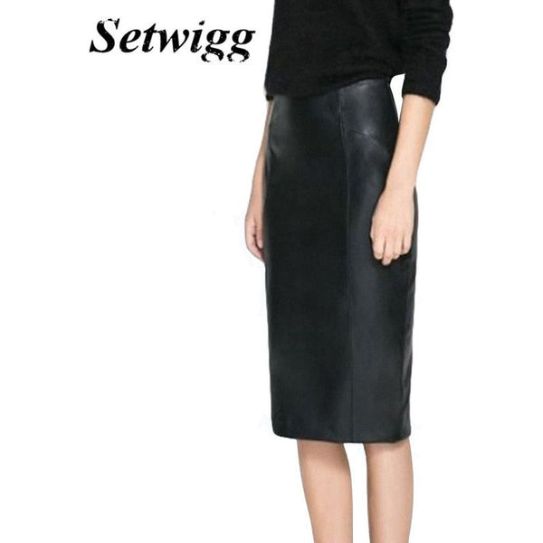SETWIGG Women's Winter Faux Leather Midi Pencil Skirts High Waist Zipper Back Split Bodycon Below Knee Office Skirt - Frimunt Clothing Co.