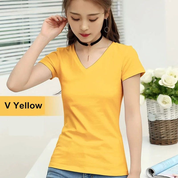 New Women's 95% Cotton T-Shirt Pure Color Short Sleeve Women T shirt O-Neck or V-Neck - Frimunt Clothing Co.