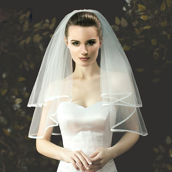 Simple Tulle White Ivory Two Layers Bridal Veils With Ribbon Edge or Without Edge