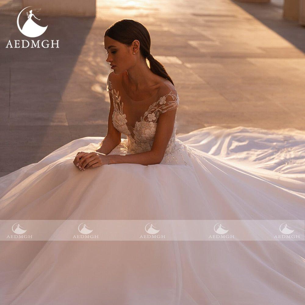 Dennise A-Line Wedding Dress Sweetheart Cap Sleeve Court Train Graceful Beading Appliques - Frimunt Clothing Co.