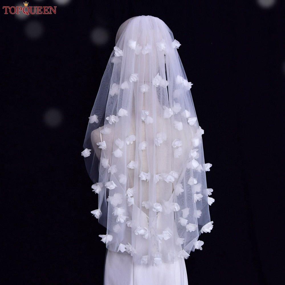 Bridal Veil With 3d Flowers Luxurious Wedding Veils Pure White Short - Frimunt Clothing Co.