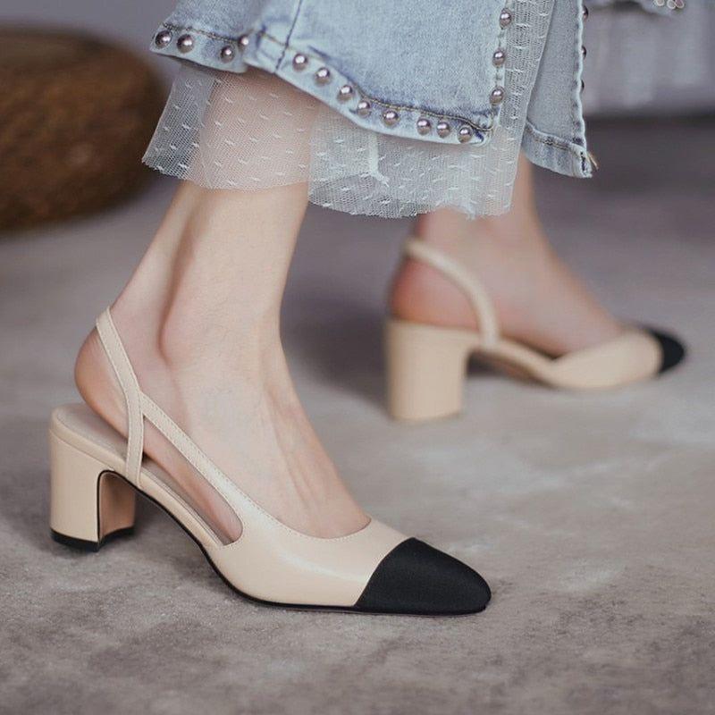 Women Luxury Brand Designer Inspired Low Mid Heels Natural Genuine Leather Slingback Beige Nude Pumps - Frimunt Clothing Co.
