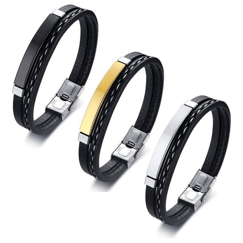 Trendy Men's Leather Weave Bracelet 3 Colors Contrast Stainless Steel Bangle - Frimunt Clothing Co.