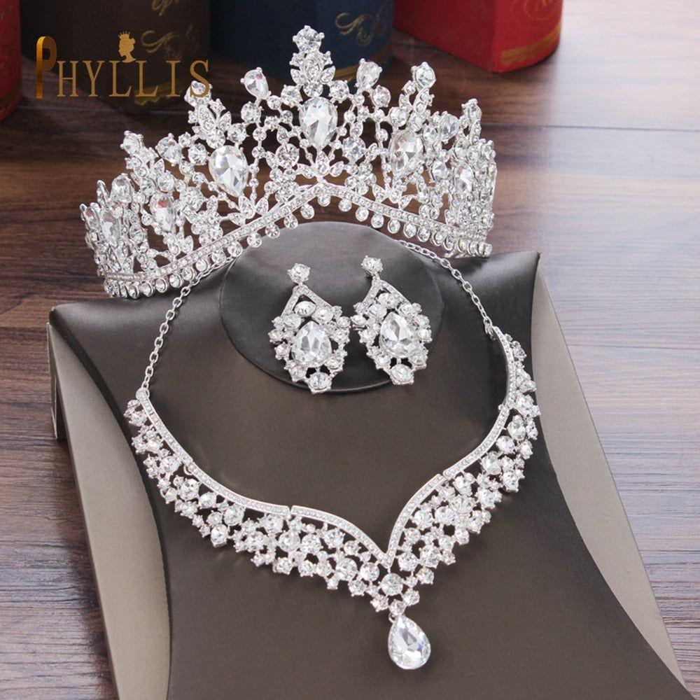 Bridal Crown Earrings Necklace Set Premium Headwear Rhinestone Headpiece Jewelry - Frimunt Clothing Co.