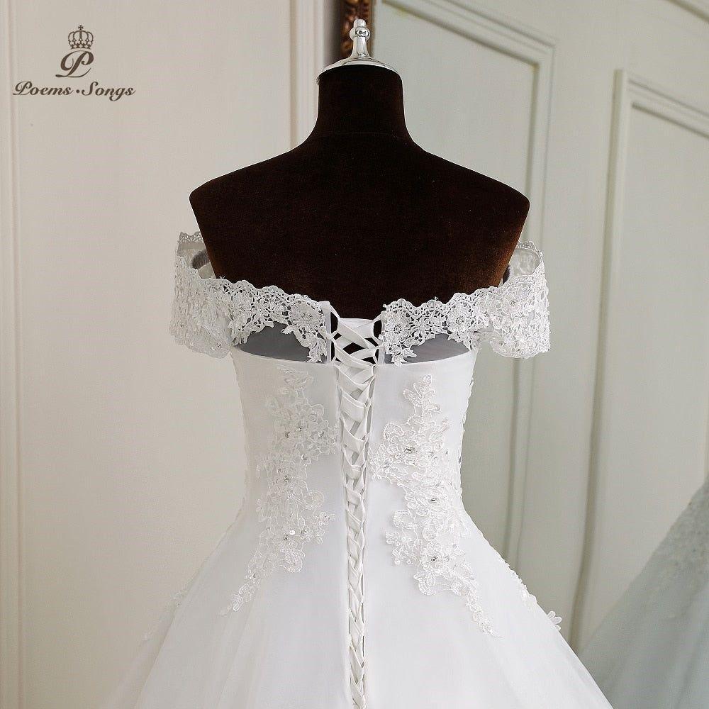 Marie Anne Simple Elegance Wedding Gown Lace Appliques Boat Neck Short Sleeve - Frimunt Clothing Co.