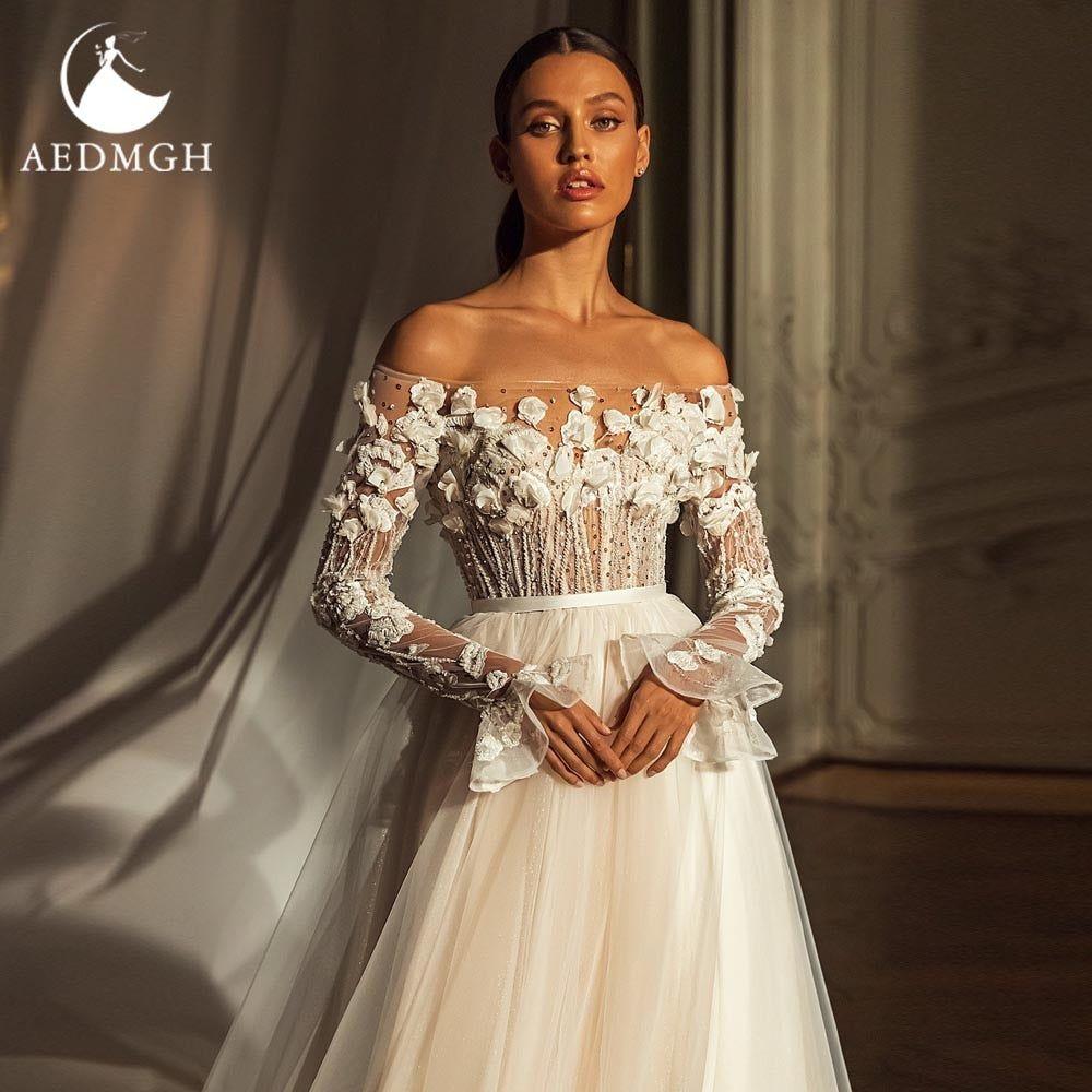 Evelyn Romantic 3D Flowers Wedding Dress Boat Neck Long Sleeve Beaded Appliques - Frimunt Clothing Co.