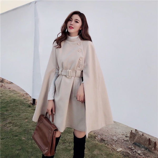 Autumn High Quality Woolen Cape Poncho With Belt For Women Mid-length Sleeveless - Frimunt Clothing Co.