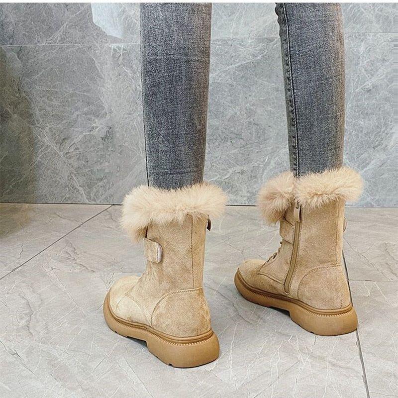 Women's Boots Suede Leather Flat Mid-Calf Boots Winter Plush Fur Warm Boots 34-43 - Frimunt Clothing Co.
