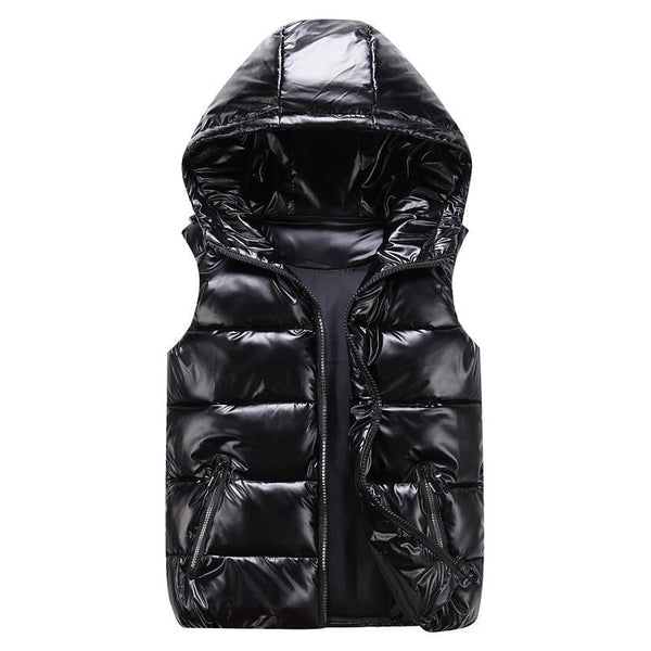DIMUSI Men's Unisex Vest Winter Fashion Silver Metallic Colors Cotton-Padded Hooded Sleeveless Jackets Casual Thick