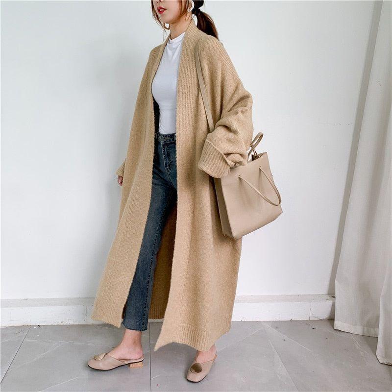 New Fall Winter Women's Open Front Loose Knit Long Cardigan Scarf Collar Lantern Sleeves Side Pockets - Frimunt Clothing Co.