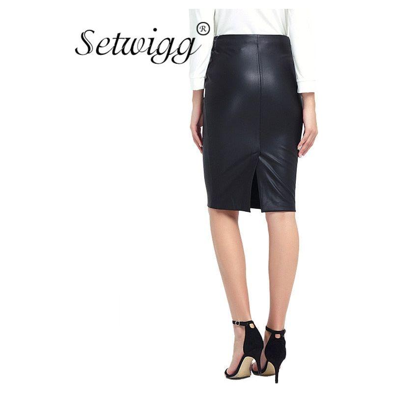 SETWIGG Women's Winter Faux Leather Midi Pencil Skirts High Waist Zipper Back Split Bodycon Below Knee Office Skirt - Frimunt Clothing Co.