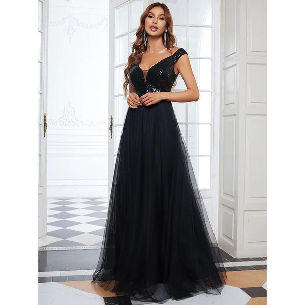 Women's Elegant Evening Dresses A-Line Sleeveless V-Neck Sequins on Bodice Long Skirt 2022 Prom Dress