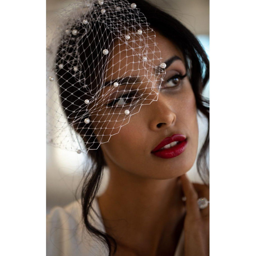 New Arrival White Net Bridal Head Dress Pearls Beaded - Frimunt Clothing Co.