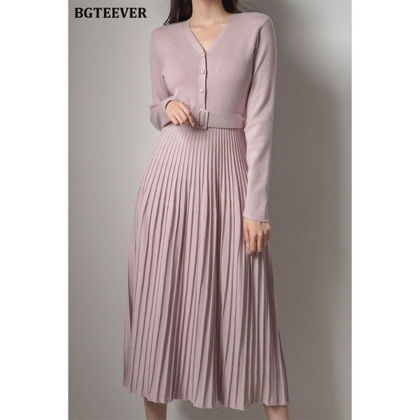 Elegant V-Neck Autumn Winter Knitted Belted Pleated Women's Long Dress - Frimunt Clothing Co.
