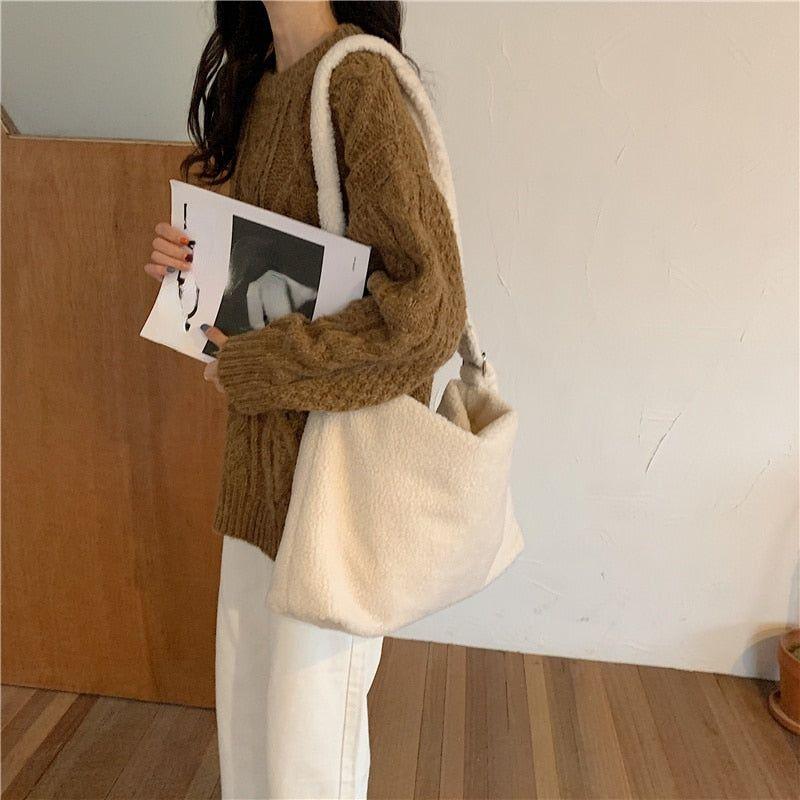 Winter Lamb Faux Fur Women's Shoulder Bag Solid Color Soft Fluffy Plush Large Capacity Tote - Frimunt Clothing Co.