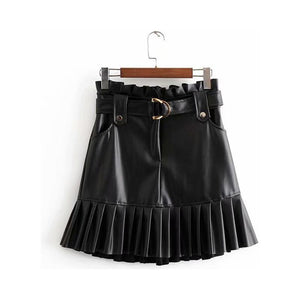 Fitaylor Women Chic Eco Leather Pleated Ruffles Tie Belt Waist Pocket Skirt Zipper Fly