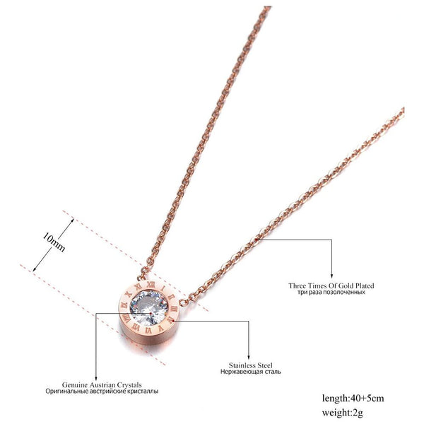Fashion Austrian Crystal Round Roman Numerals Stainless Steel Necklace. Rose Gold, Gold, Silver Colors - Frimunt Clothing Co.