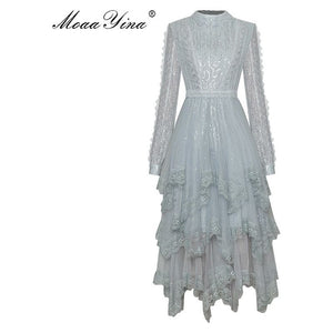 Autumn Spring Women's Long sleeve Mesh Sequins Cascading Ruffle Asymmetrical Dress - Frimunt Clothing Co.