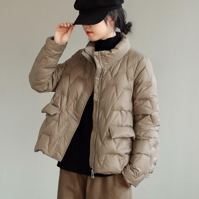 Ultra Light Quilted Women's Down Jacket Stand Collar 90% White Duck Down Solid Color - Frimunt Clothing Co.