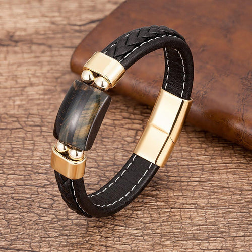 Charm Natural Tiger Eye Stone Bracelet For Men Geometric Shape Natural Stone Black Braided Leather Bracelets Gifts Bijoux Homme - Frimunt Clothing Co.