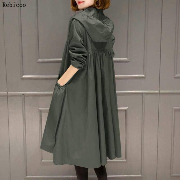 Spring Autumn Women's Hooded Trench Coat Long Loose Zippered - Frimunt Clothing Co.