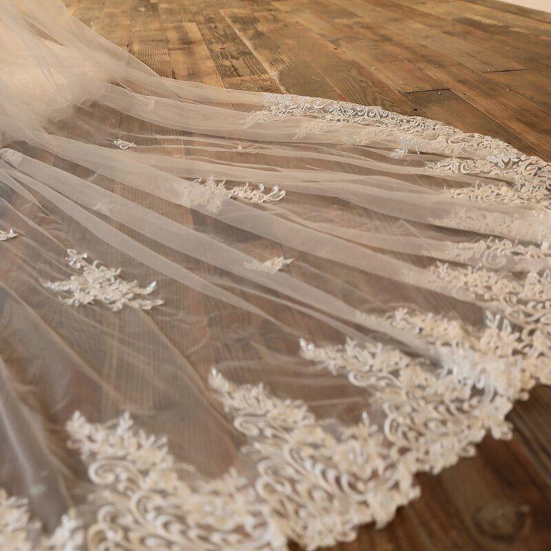 2Tier Appliques Wedding Veil With Face Cover Bridal Veils Cathedral Length Two Layer - Frimunt Clothing Co.