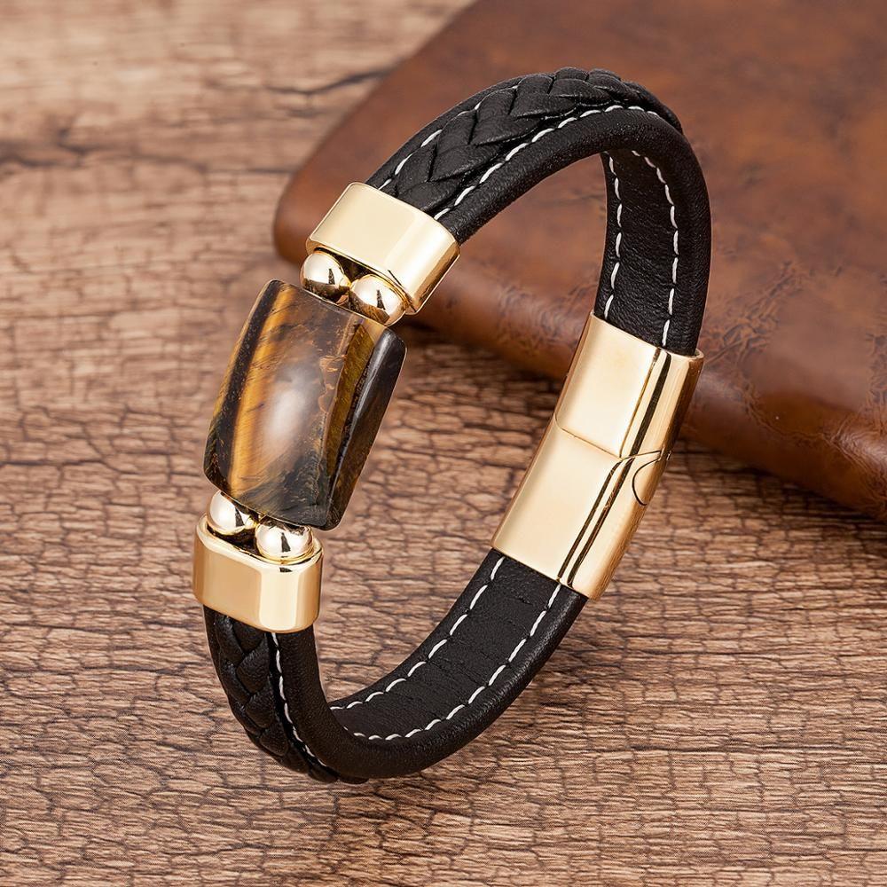 Charm Natural Tiger Eye Stone Bracelet For Men Geometric Shape Natural Stone Black Braided Leather Bracelets Gifts Bijoux Homme - Frimunt Clothing Co.