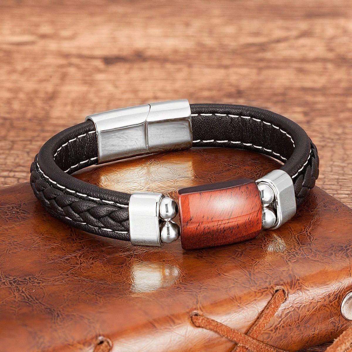 Charm Natural Tiger Eye Stone Bracelet For Men Geometric Shape Natural Stone Black Braided Leather Bracelets Gifts Bijoux Homme - Frimunt Clothing Co.