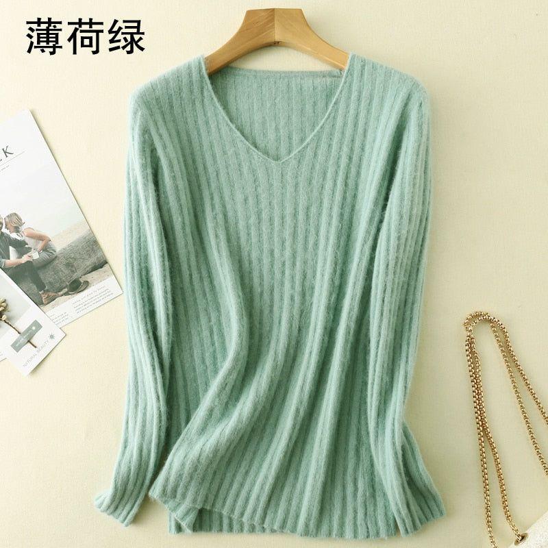 Super Warm 100% Mink Cashmere Women Sweaters Winter High Elasticity Soft Tops V-neck Casual Basics - Frimunt Clothing Co.