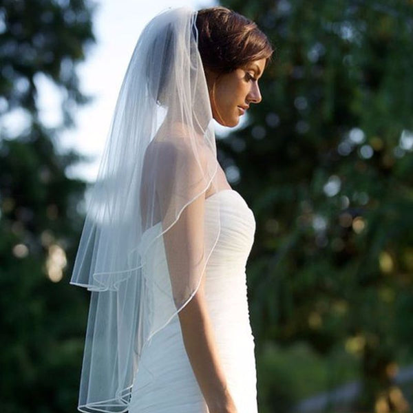 Simple Tulle White Ivory Two Layers Bridal Veils With Ribbon Edge or Without Edge - Frimunt Clothing Co.