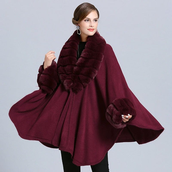 Women's Solid Colors Cloak Knitted Shawl Big Faux Fox Fur Trim Collar Loose Long Batwing Sleeves Poncho Cape - Frimunt Clothing Co.