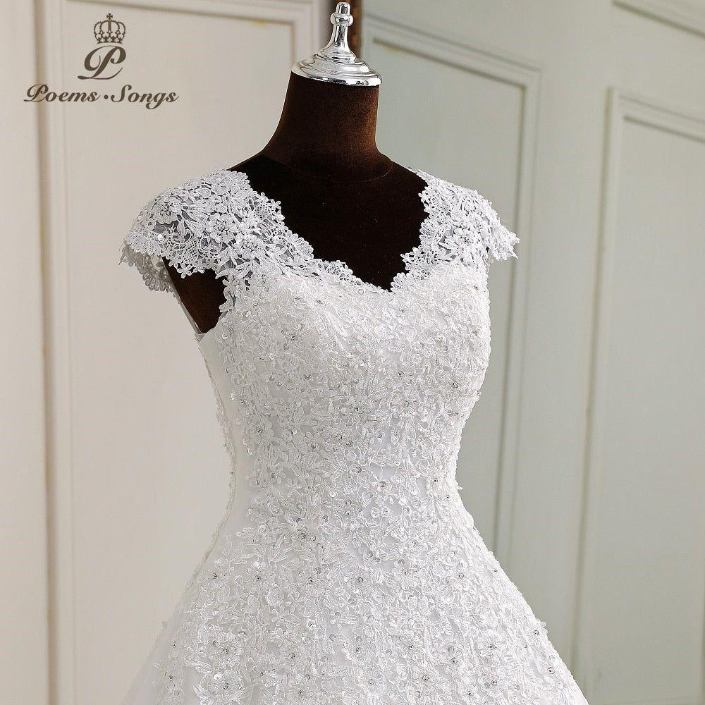 Louise Elegant Lace Appliques V neck Cap Sleeve Wedding Dress - Frimunt Clothing Co.