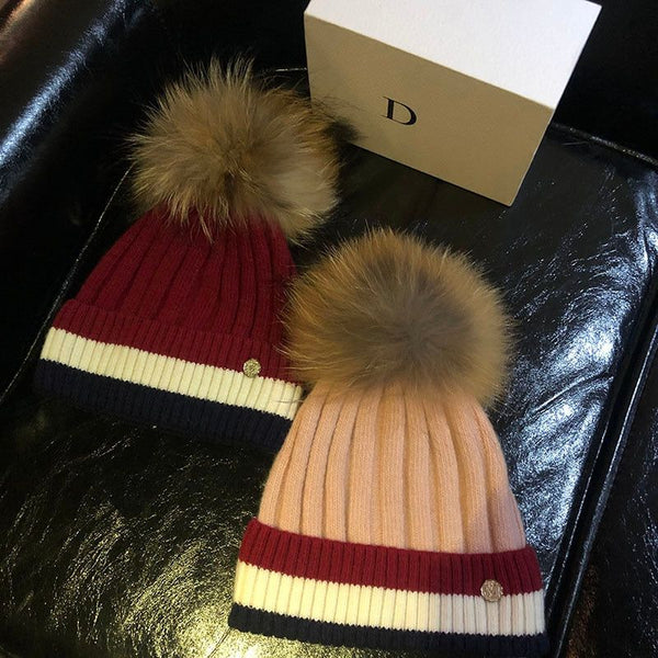 Women's Winter Knitted Hats With 100% Fur Pompom In Box