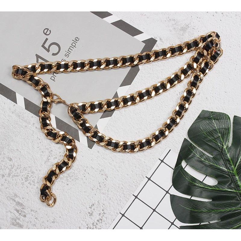 Women's Faux Black Leather Metal Chain Split Joint Long Belt - Frimunt Clothing Co.