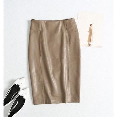 SETWIGG Women's Winter Faux Leather Midi Pencil Skirts High Waist Zipper Back Split Bodycon Below Knee Office Skirt - Frimunt Clothing Co.