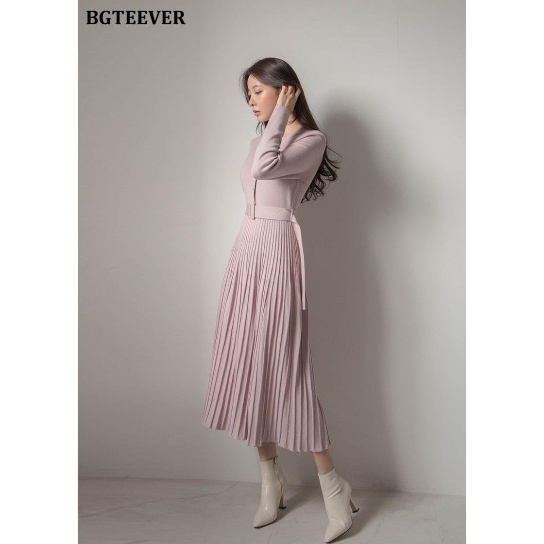 Elegant V-Neck Autumn Winter Knitted Belted Pleated Women's Long Dress - Frimunt Clothing Co.