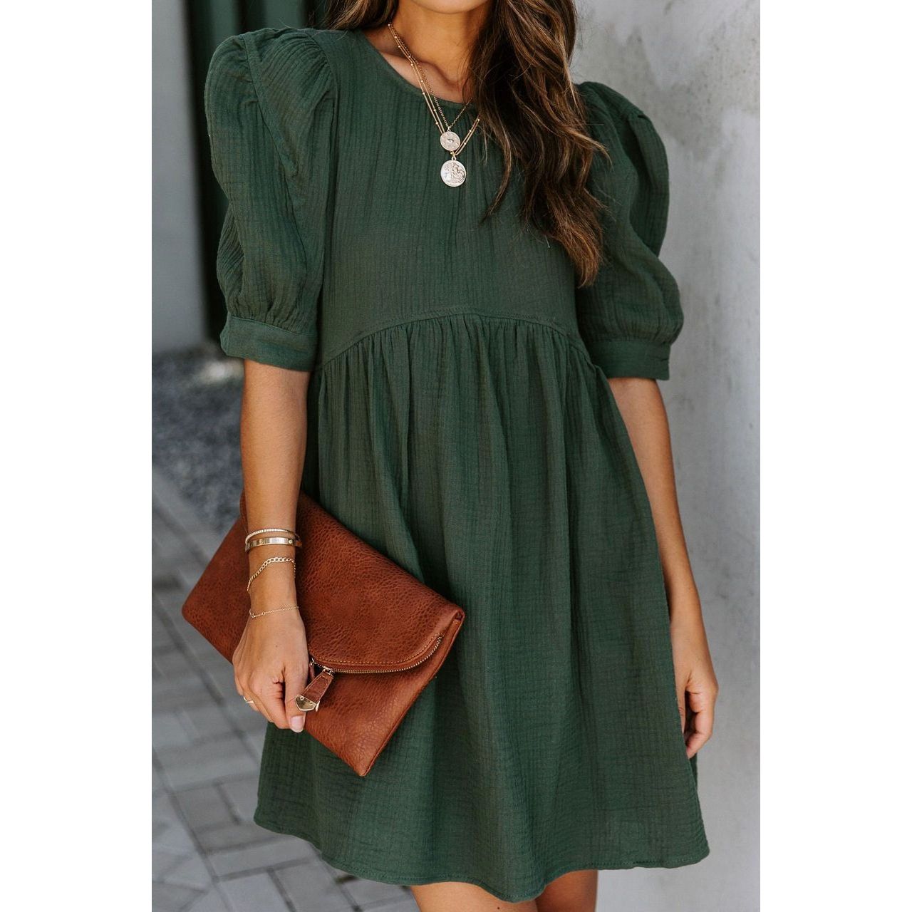 Pink/Gray/Green Pocketed Puff Sleeve Empire Waist Swing Short Dress for Women - Frimunt Clothing Co.