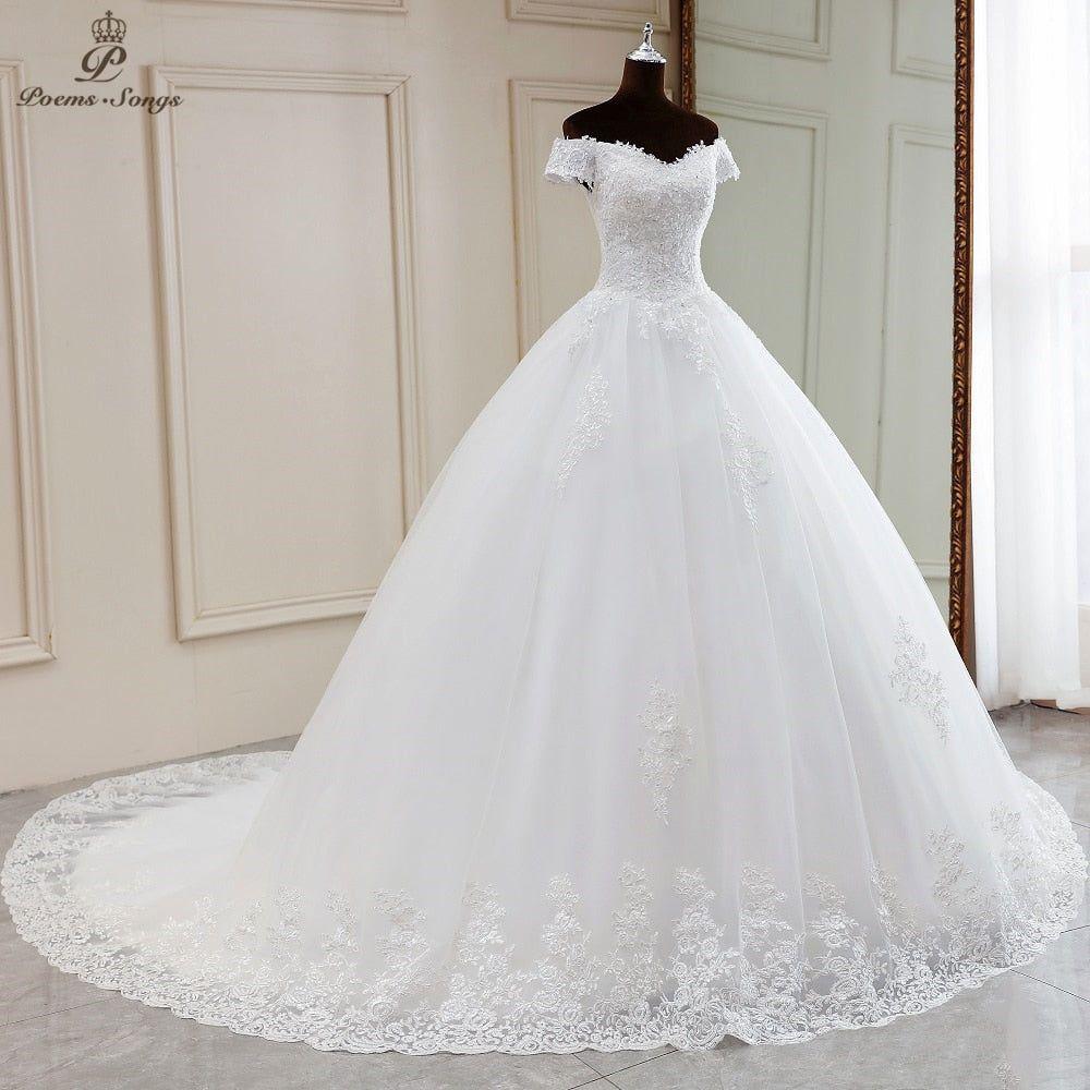 Amelia Sexy Boat Neck Style Short Sleeves Wedding Ball Gown - Frimunt Clothing Co.