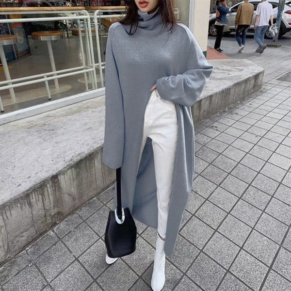 Women's Turtleneck Pullover Sweater Long Sleeve Loose Knit Front Split Solid - Frimunt Clothing Co.