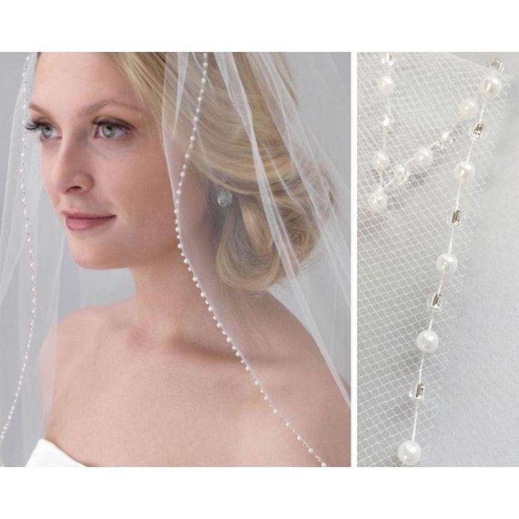 White Ivory Cathedral Crystal Wedding Veil Custom Length 1 Tier With Metal Comb - Frimunt Clothing Co.