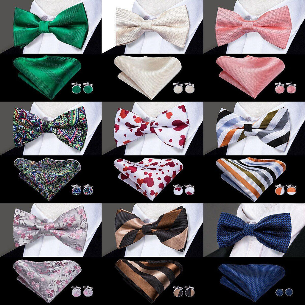 Hi-Tie Classic Black Bow Ties for Men 100% Silk Butterfly Pre-Tied Bow Tie Pocket Square Handkerchief - Frimunt Clothing Co.