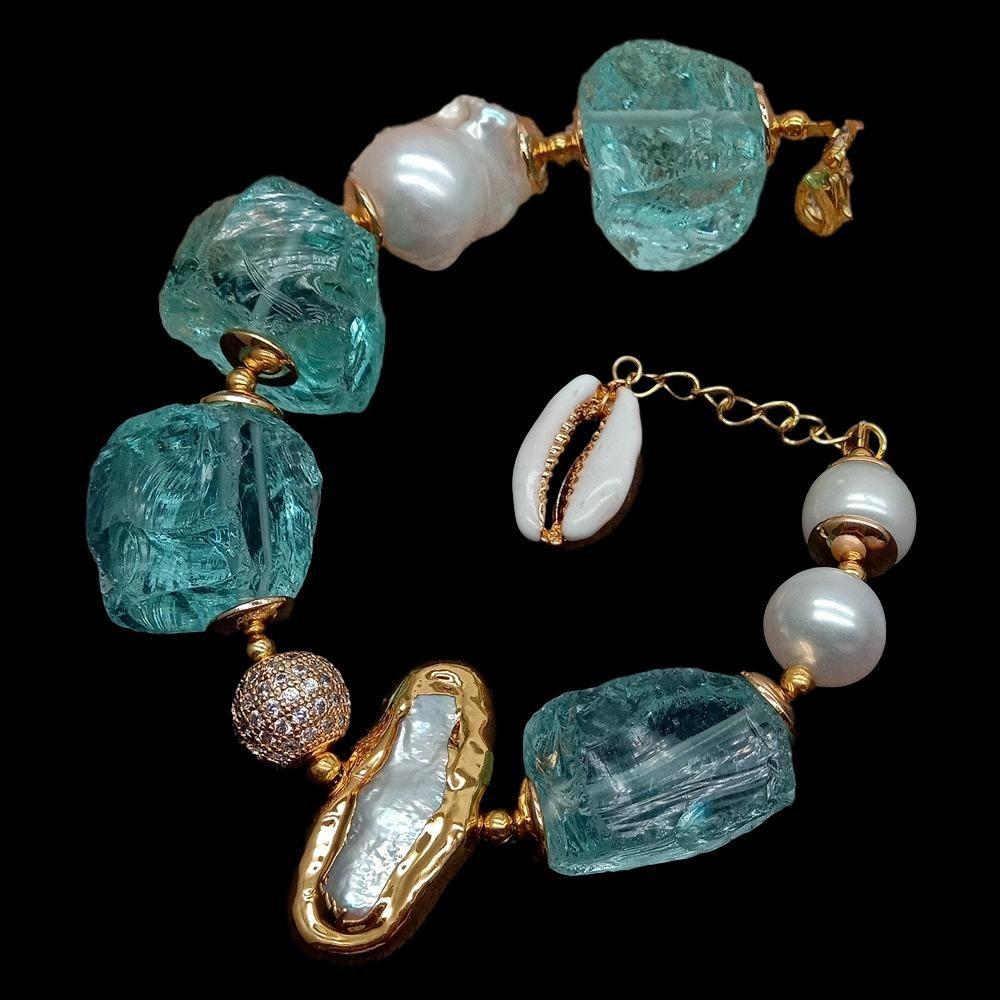 Women's Cultured White Keshi & Biwa Pearls Gold Plated Blue Sea Glass Rhinestones Handmade  Bracelet Chic Fashion Jewelry - Frimunt Clothing Co.