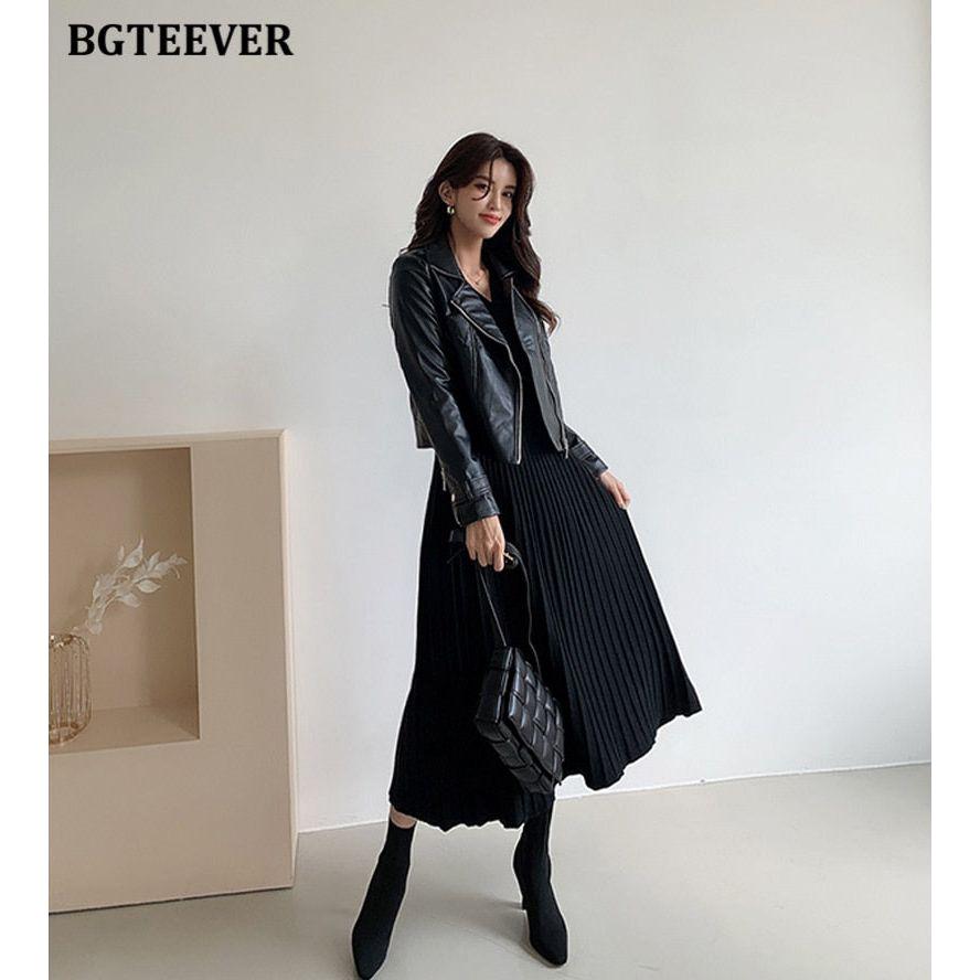 Elegant V-Neck Autumn Winter Knitted Belted Pleated Women's Long Dress - Frimunt Clothing Co.