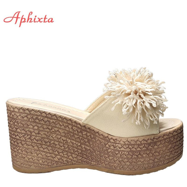Women's New Wedge Heels Platform Slides 2 Styles With Or Without Flowers Appliques